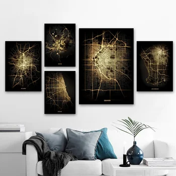 

America Atlanta Los Angeles Chicago Philadelphia New York City Light Map Art Canvas Poster Home Wall Decor (No Frame)