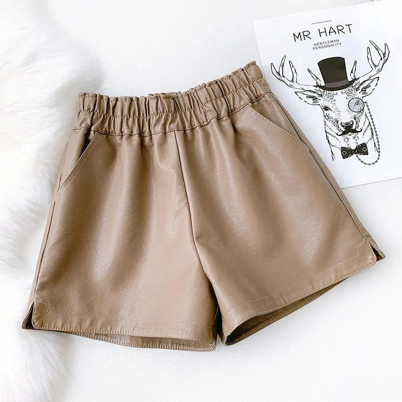 Wasteheart Black Khaki Women Fashion PU Leather Shorts High Waist Woman HotPants Sexy Short Pocket Drawstring Plus Size
