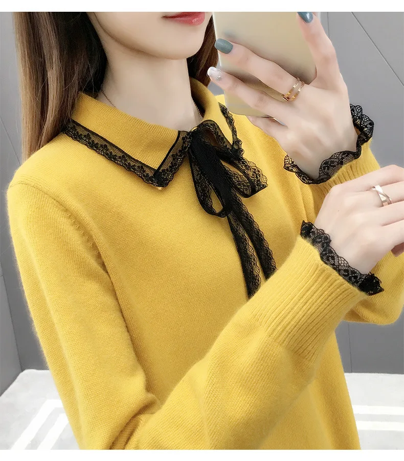 

Baharcelin Women Girl Winter Twisted sweaters Knitted Pullovers Casual Loose crew neck sweater lace jumper Sweaters knitted Tops
