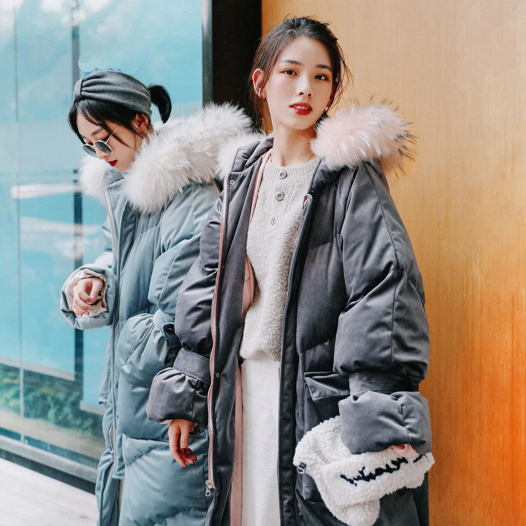

2019 Chic Velvet Sweet Long down Coat Hooded Model Large Fur Collar Thick Best Friend-Cotton-padded Clothes Women's Winter