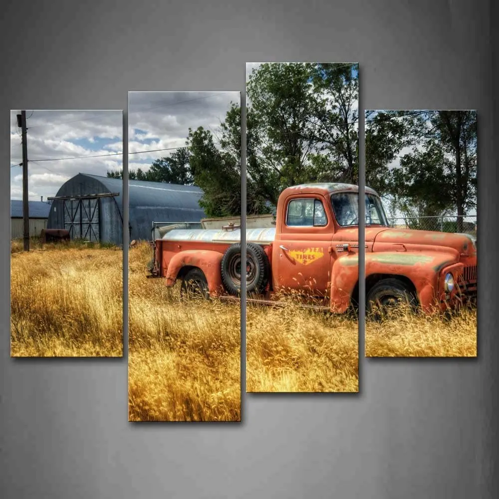 

4 Panel Wall Art Angle Shot of Old Rustic Truck Under Black Sky Painting The Picture Print On Canvas Car Pictures for Home Decor