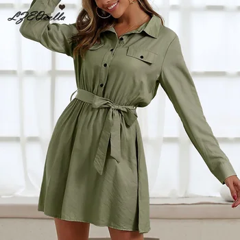 

LZEQuella Women Spring Summer Solid Button Shirt Dress High Waist Lace Up Sashes Long Sleeve Office Lady Mini Dresses NZ1460