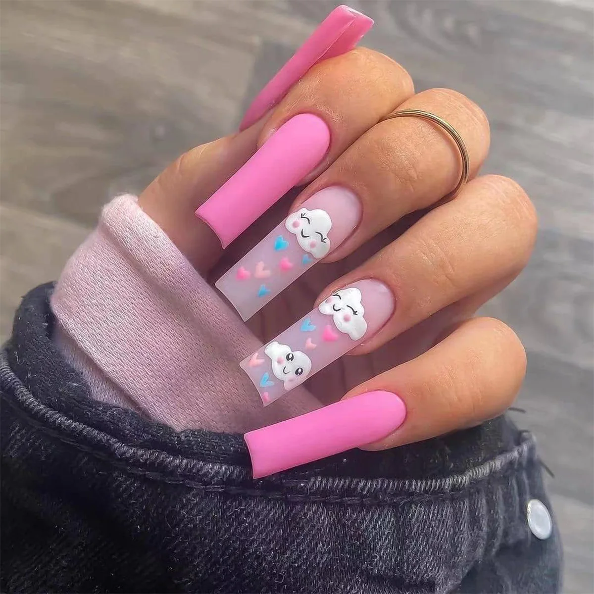 24pcs Smiley Face White Cloud Pattern Design False Nail French Stiletto Full Cover Fake Nails Glue Diy Manicure Nail Art Tools False Nails Aliexpress