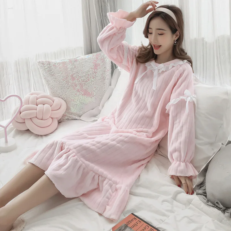 

Coral Velvet Nightgown Women's Autumn & Winter Korean-style Students Long Pajamas Cute Princess Style Sweet Flannel Tracksuit