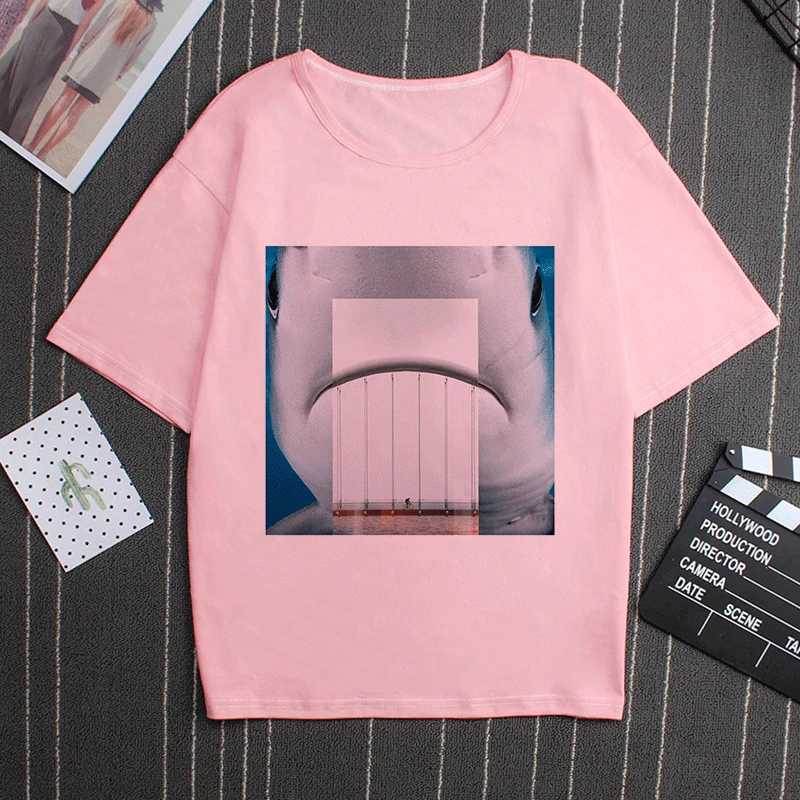 Новая Корейская рубашка стильная картина головоломка Kawaii забавная печать серии полиэстер с коротким рукавом Футболка Большой размер Женская одежда Топы - Цвет: 2792-Pink