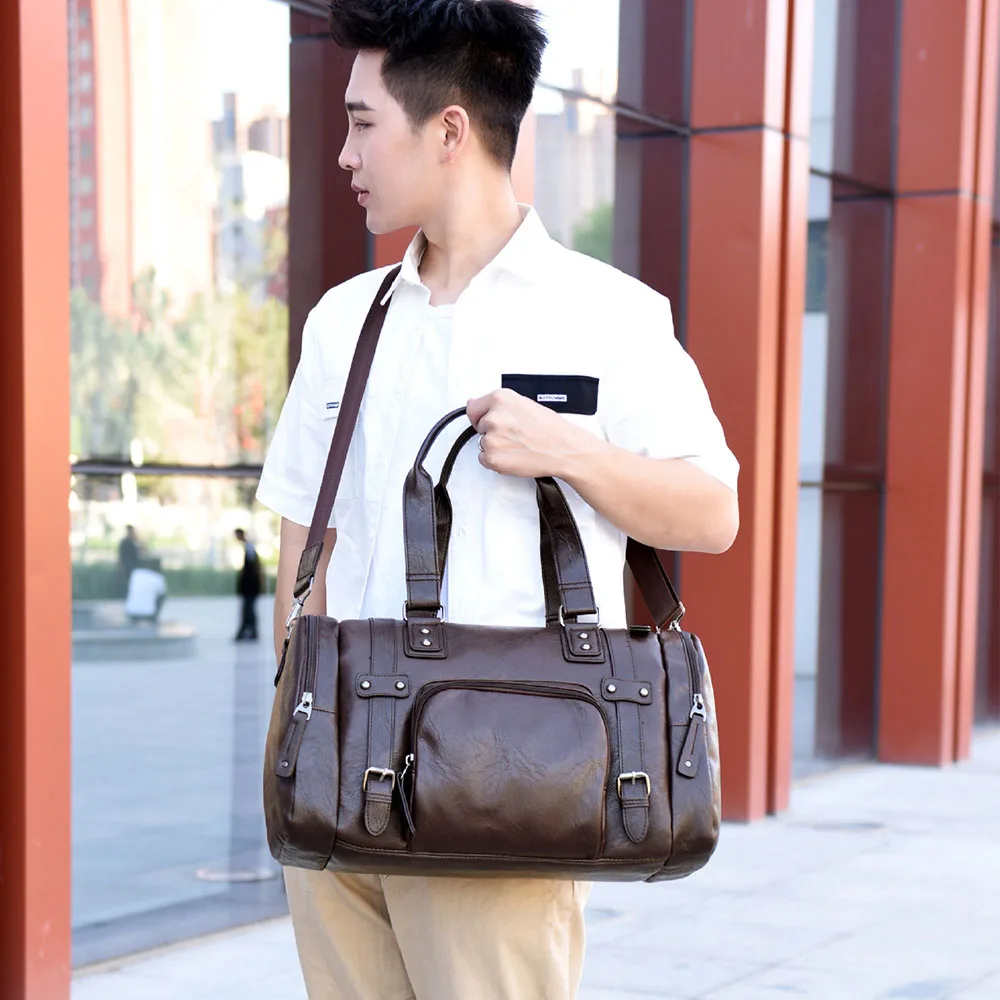 Men's Leather Travel Bag Large Duffle Business Big Fitness Shoulder Bags Carry on Weekend Handbag Luggage Pack Soft PU XA605ZC