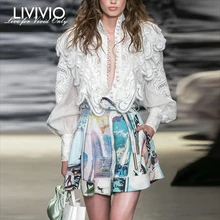 [LIVIVIO] ZIM винтажные кружевные шорты с оборками и длинным рукавом, стоячим воротником+ шорты с принтом, женские комплекты из двух предметов