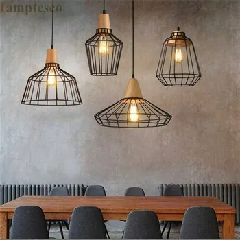 

Black Wood Iron Line Bird Cage Pendant Light Fixture Retro Vintage Hanging Ceiling Lamp Luminaire for Dining Table lamptesco