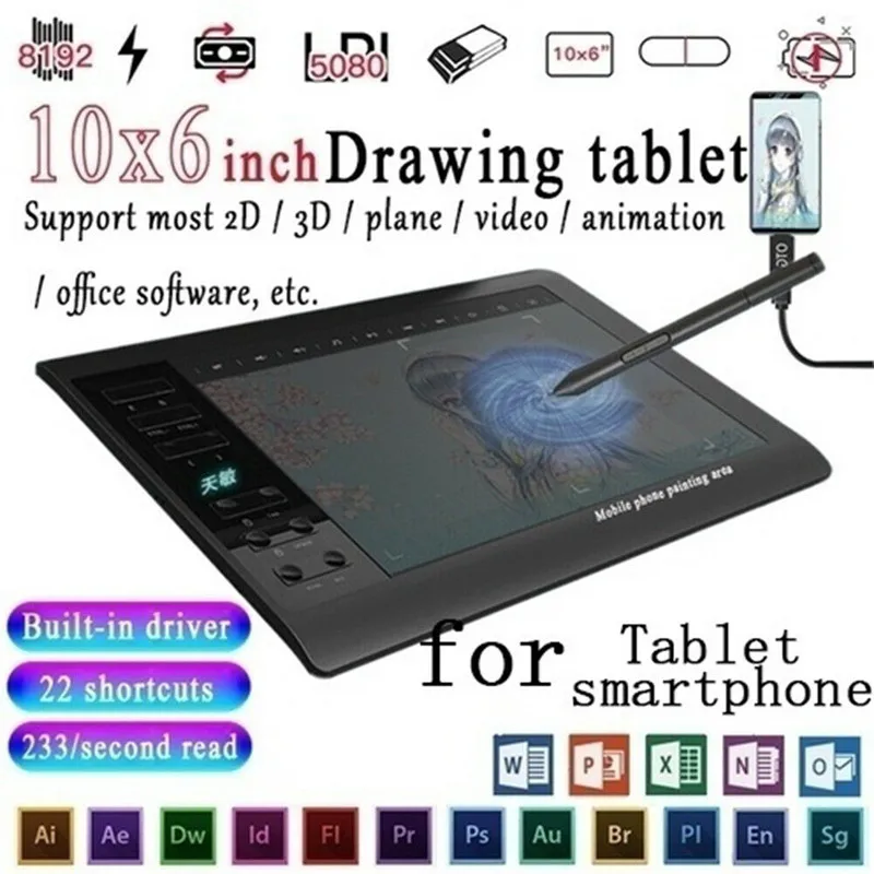 

10*6'' IPS HD Graphics Drawing Digital Tablet Monitor Pen Display 233 Point Quick Reading Pressure Sensing Universal