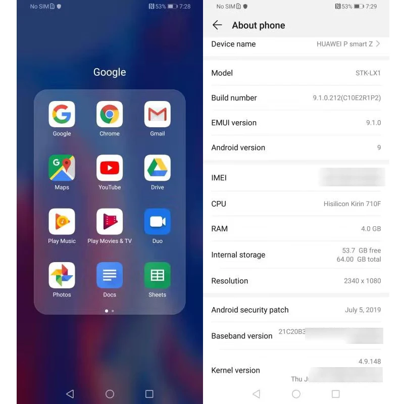 Huawei P Smart Z 4 Гб 64 Гб мобильный телефон 6,5" экран Android 9,1 Kirin 710F Восьмиядерный 16 МП Двойная камера смартфон 4000 мАч NFC