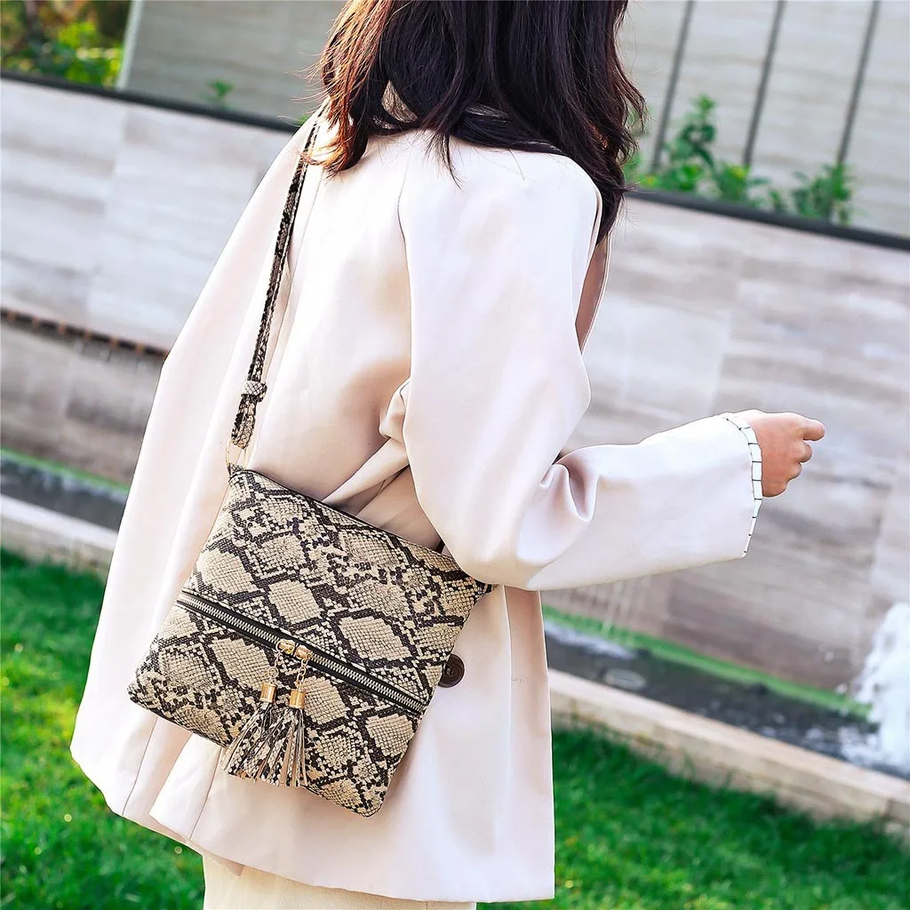 Fashion Women Tassel Snake Printing Zipper Messenger Bag Handbag Shoulder Bag Elegant Small Square Bags#YJ