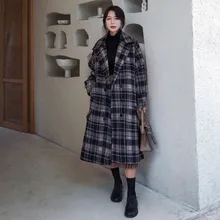 Красные клетчатые шерстяные пальто женская одежда высокого качества модный костюм воротник твидовое пальто зимнее клетчатое длинное шерстяное пальто с поясом