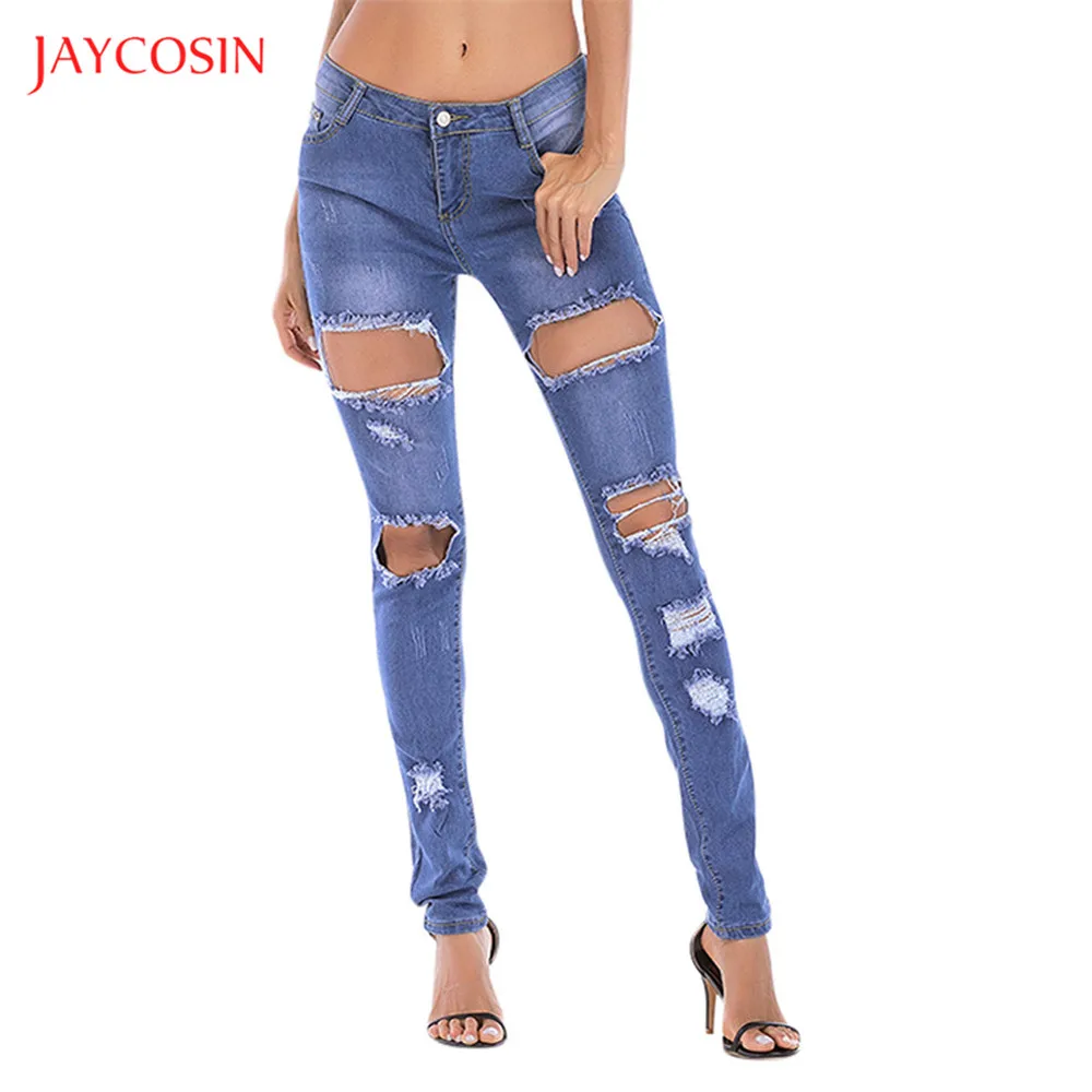 Jaycosin Модные женские обтягивающие джинсы с высокой талией, рваные джинсы, узкие женские брюки Deinm, женские узкие брюки, уличная одежда, рваные брюки