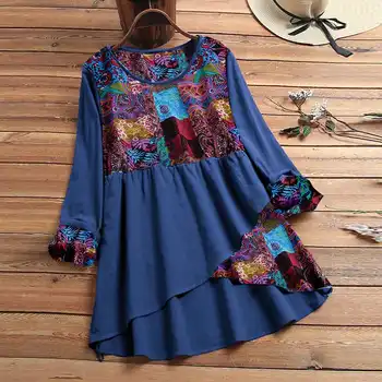 

Women's Patchwork Blouse 2020 Autumn Kaftan Print Tops Casual Long Sleeve Blusas Female O Neck Tops Oversized Floral Tunic 5XL