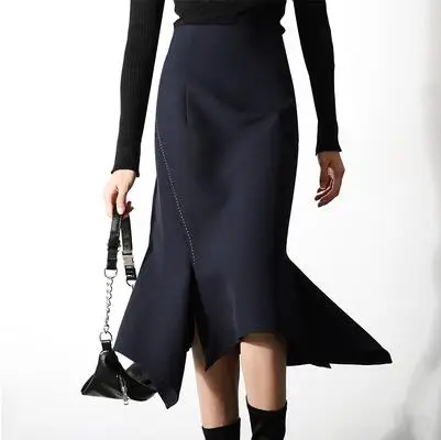 Юбка рыбий хвост, Женская Осенняя юбка с высокой талией, Однотонная юбка с высокой талией, юбка средней длины TB3790