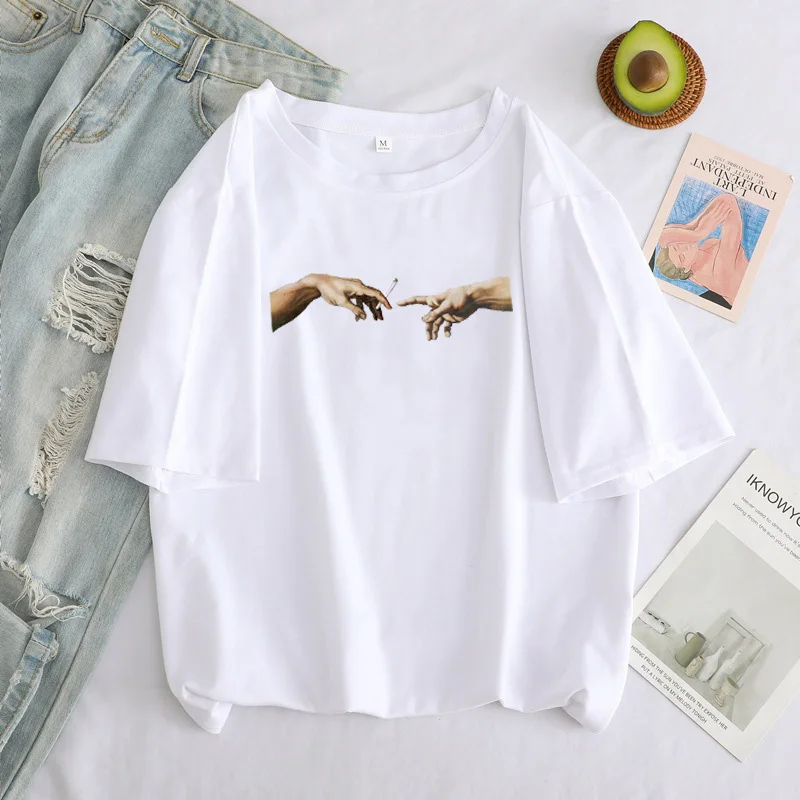 Women T Shirts Funny Print Aesthetic Hand Graphic T-shirt Oversized Tshirt Casual Top Tees Michelangelo Clothes Female T-shirt