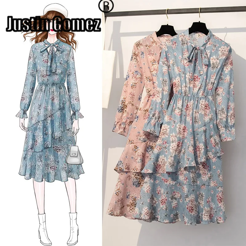 

Fall 2019 Floral Print Bow Collar Vintage Flower Dress Female A-line Full Sleeve Bohemian Dress Graceful Lady Puff Sleeve Dress