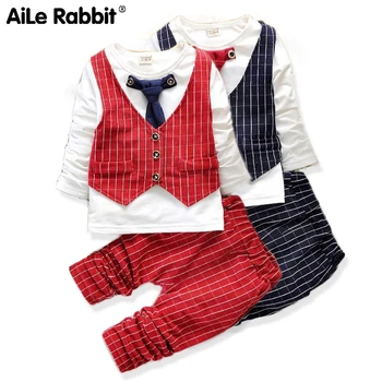 

Autumn Long Sleeve Plaid Boy Set Fake 2 Vest Long-sleeved T-shirt Pants Set Of 2 Gentleman Bow Children's Wear Set