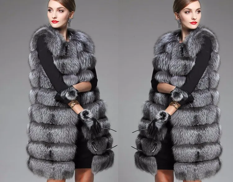6XL женские жилеты из искусственного меха осенне-зимние женские длинные куртки без рукавов с имитацией серебряного лисьего меха плюс размер 4XL 5XL