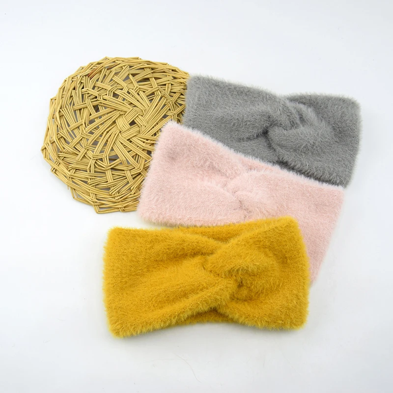 

Winter Warm Women Sweet Headband Solid Color Fluffy Knot Headbands Autumn Winter Imitation Mink Cashmere Bow Hairbands