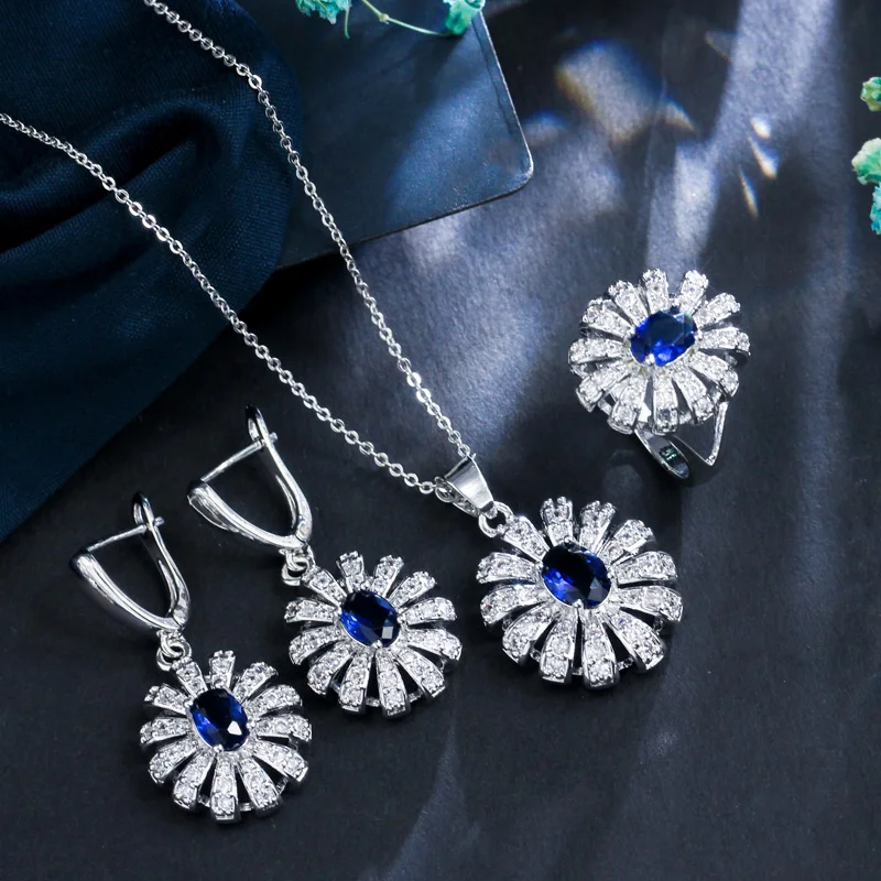 ThreeGraces Green Emerald Cubic Zirconia Stone Flower Necklace Earring and Ring Set 925 Sterling Silver Jewelry for Women  JS500