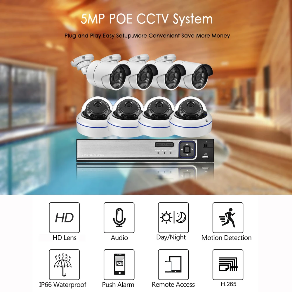 AZISHN H.265+ 8CH 5MP POE NVR Kit Audio CCTV System 5MP Dome IP Camera Face Detection P2P Indoor/Outdoor Video Surveillance Set