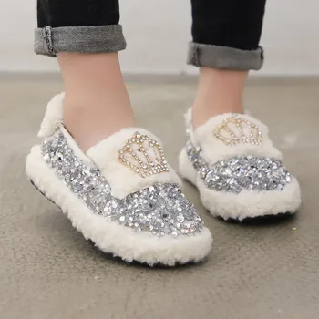

Baby Girls Winter Princess Shoes Children Fashion Crystal Crown Fur Plush Shoes Kids Sweet Soft Flats Shoe Children Party Shoes