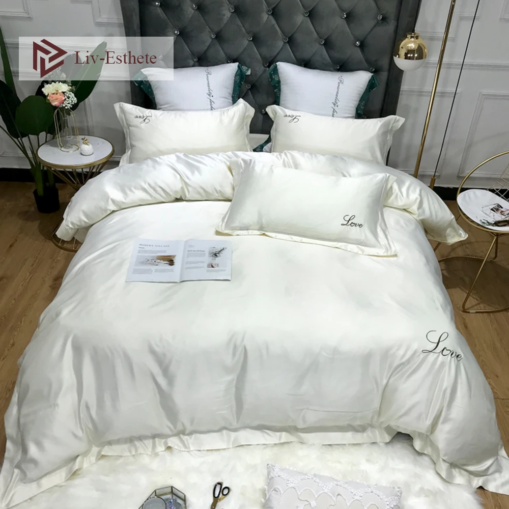 

Liv-Esthete Luxury 100% Silk White Love Embroidery Bedding Set Double Queen King Bed Set Duvet Cover Pillowcase Bed Linens