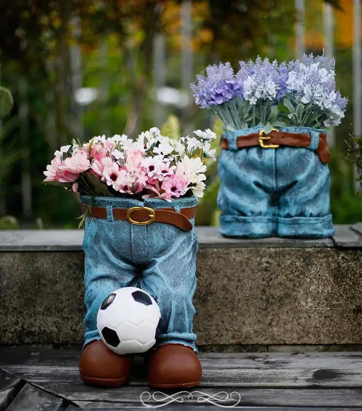 

European Creative Jeans Cement Flower Pot Ornaments Courtyard Garden Furnishing Crafts Outdoor Park Balcony Figurines Decoration