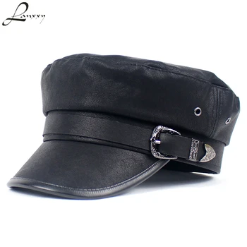 

Lanxxy Vintage PU Hats Black Casquette Military Caps for Women Flat Army Hat Visor