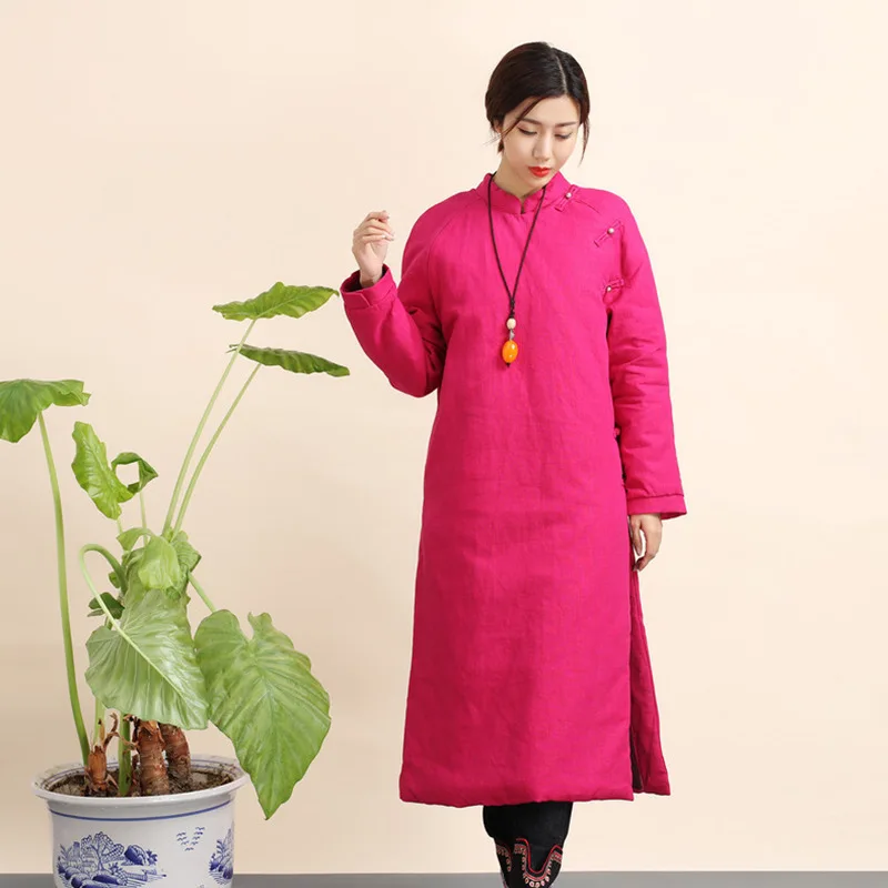 

Ethnic-Style Autumn And Winter WOMEN'S Dress Chinese Style Stand Collar Frog Long Cotton-padded Jacket Thick Cheongsam Flax Retr