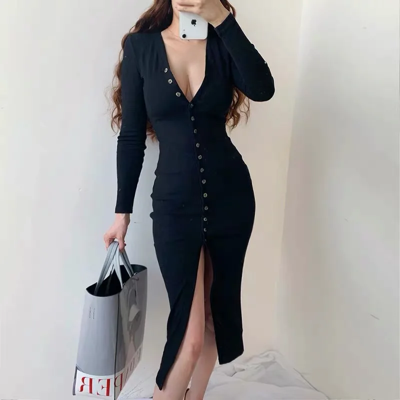 

Spring 2020 new V-Neck long sleeve vestidos sexy split single breasted MIDI dress slim waist over knee long dress woman