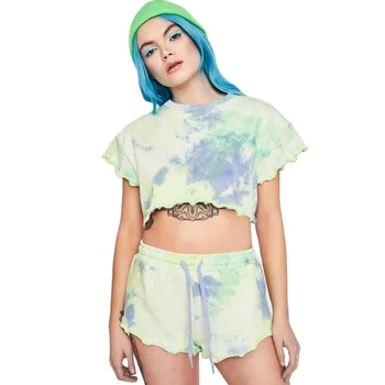 

Two Piece Set Tie-dye Women Summer Cute Sweet Graphic Top Shorts 2pcs Street Casual Loose Home Wear Tee Shirt Short Suits Female
