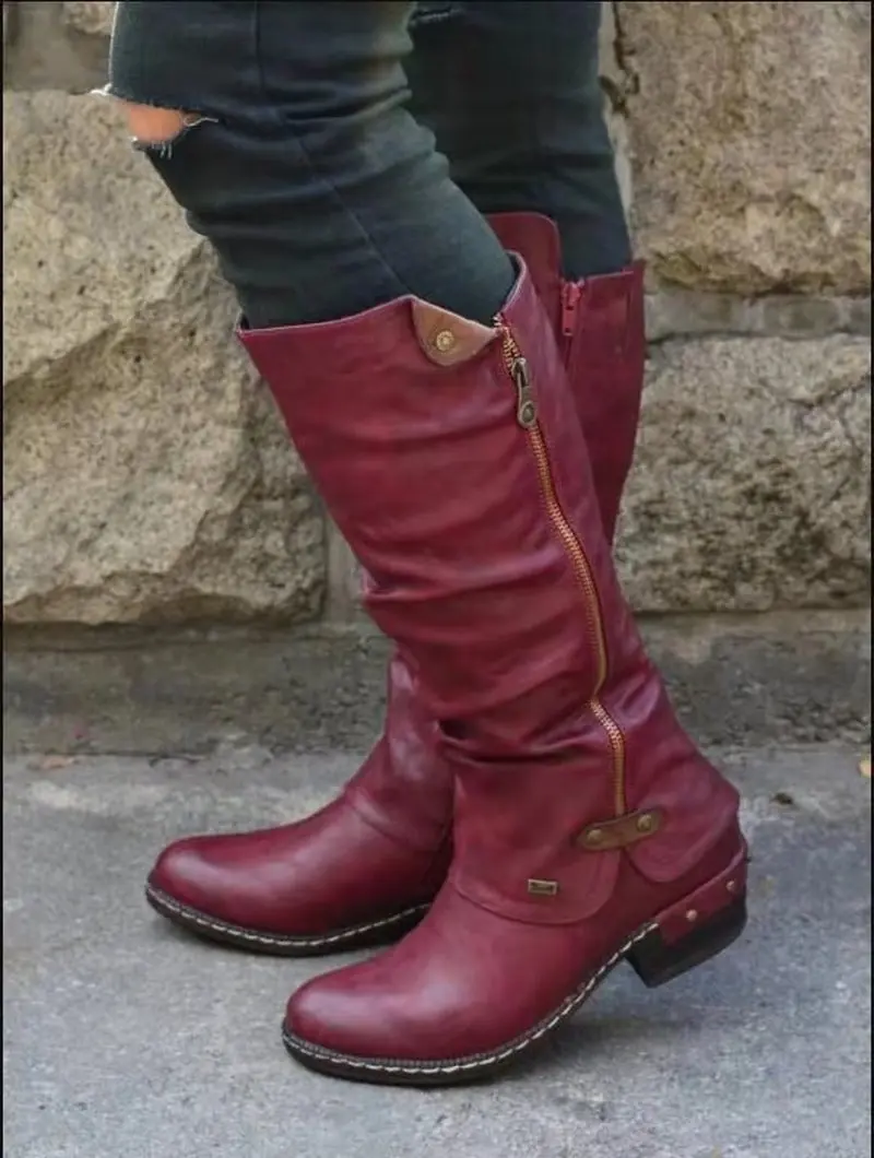 Botas Mujer; зимние сапоги до колена из искусственной кожи; женские зимние сапоги на высоком каблуке; женская обувь на молнии; цвет черный, красный, зеленый; большие размеры - Цвет: Red wine