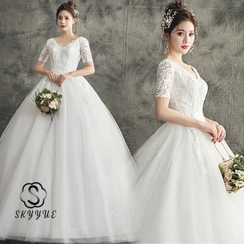 

Plus Size Wedding Dress FR717 Skyyue V-Neck Formal Bridal Dresses Short Sleeve Lace Wedding Gowns Appliques Vestidos De Novia