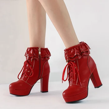 

Brand New Big Size 48 Sweet Ruffles High Heels Platform Ankle Boots Fashion Winter Boots Shoes Women