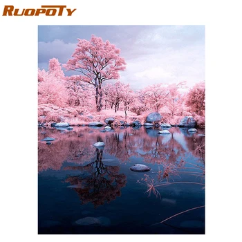 

RUOPOTY Frame Diy Picture By Numbers Kit Pink Forest Landscape Paint By Numbers For Adults Handpainted Oil Painting For Diy Gift