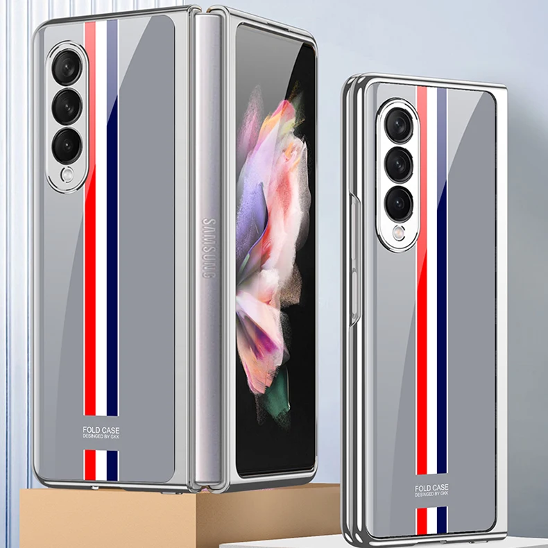Luxury Plating Tempered Glass Case for Samsung Galaxy Z Fold 3 5G Marble Cases Plastic Frame Hard Glass Cover for Galaxy Z Fold3
