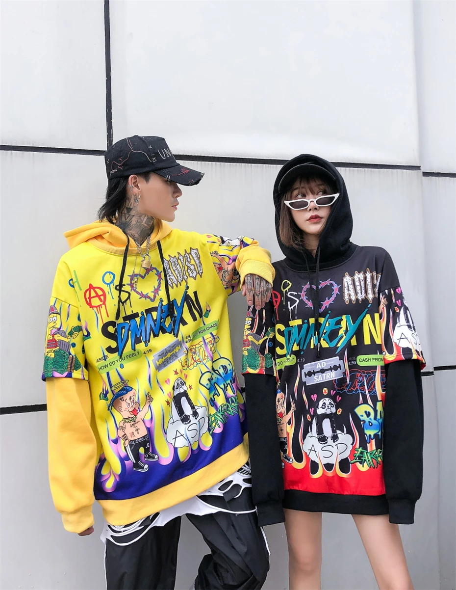 Хип-хоп худи граффити Мужской пуловер с капюшоном Harajuku осень зима модная повседневная Уличная желтая толстовка мужская WO031
