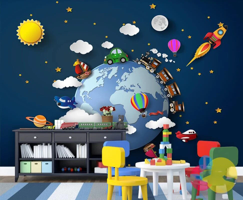 

Drop Shipping Custom 3D Photo Wallpaper Fantasy Star Blank Cloud Earth Small Train Car Balloon Rocket Background Wall Paper