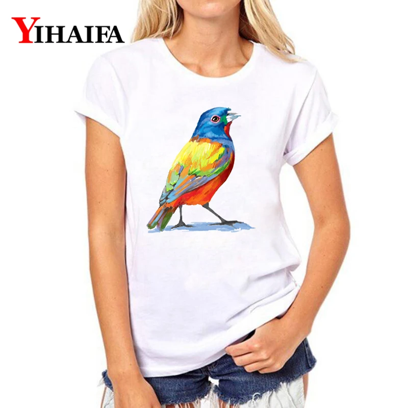 

YIHAIFA Casual Summer Women T-shirt Colorful Bird Print Graphics Tee Female Short sleeve White T Shirts Pullover Tops