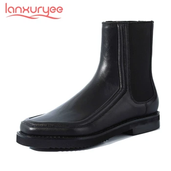

Lanxuryee leisure short boots genuine leather european design square toe thick low heel slip on convenient soft ankle boots L22