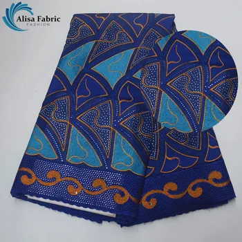 

Alisa Royal Blue Swiss Voile Lace In Switzerland 2019 High Quality 100%Cotton Lace Fabric With Stones And Rhinestone 5 Yards/Pcs