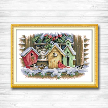 

A cat and a bird house painting 14CT11CT counted cross stitch kits embroidery set Needlework Set chinese cross stitch Home decor