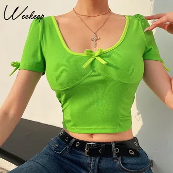 

Weekeep Sexy Cropped Bow Bodycon t shirt Women Green Party Clubwear Tee Shirt Femme Crop Top 2020 Summer