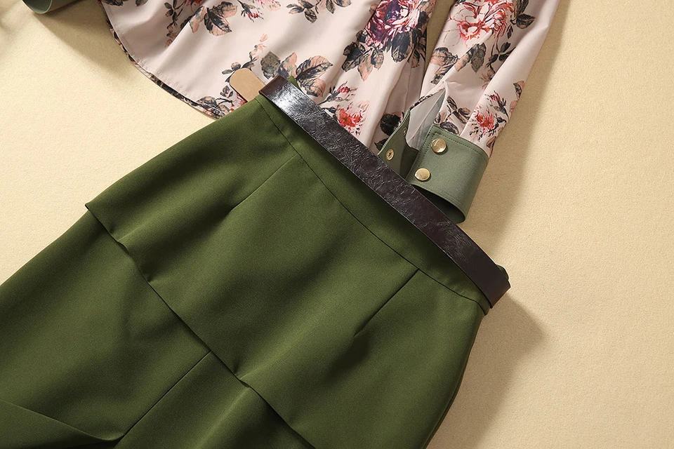 Spring And Autumn High Quality Ladies Fashion Green Set Floral Print Top Pencil Half Skirt Casual Commuter Party Two Piece Set