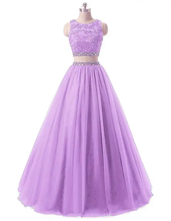 Lilac Линия из двух частей аппликация бисером кристаллы Sequines совок шеи вечерние платья без рукавов Формальные платья длиной до пола - Цвет: Lilac
