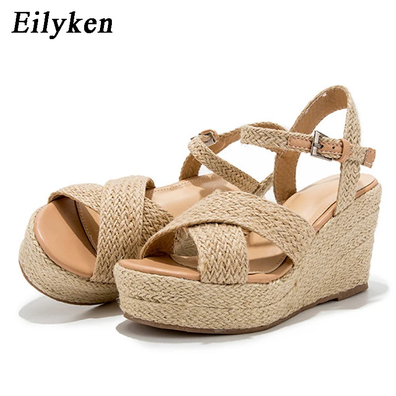

Eilyken Classics Black Wedges Cane Sandals Women Platform High Heel Ladies Shoes Solid Buckle Strap Open Toe Summer Sandals