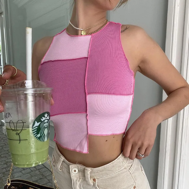 

Beautiful Women's 2021 Summer New Splicing Sleeveless Temperament Thread Casual Contrast Color Cropped Vest Top