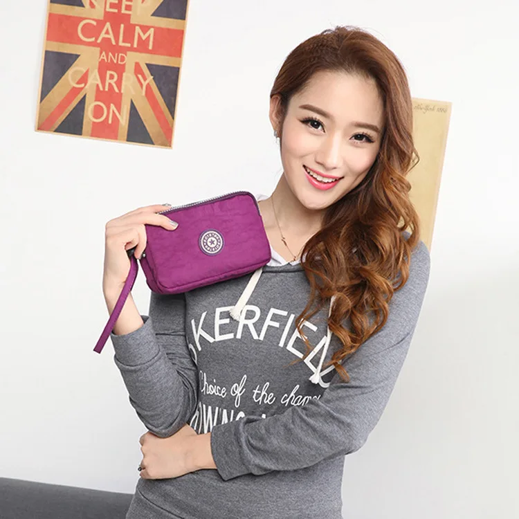 

Fashion Casual Three Layer Zipper Purse Women's Carrying Washing Nylon Cloth Phone Wallet Hand Cloth Suitcase